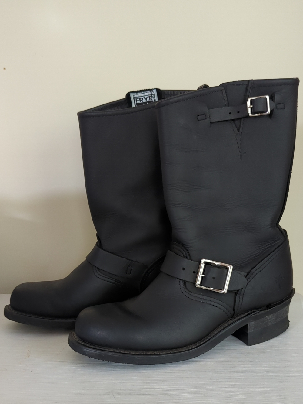 Frye Men's Black Leather Engineer Boots with Silver Buckles